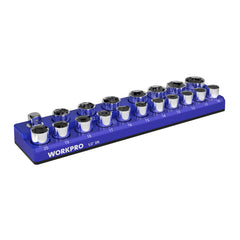 WORKPRO front view of the magnetic socket organizer showing neat socket storage and quick access