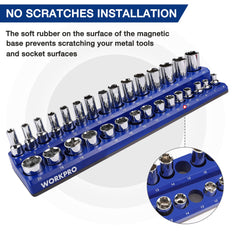 WORKPRO socket rails organizing sockets neatly inside a toolbox drawer for efficiency