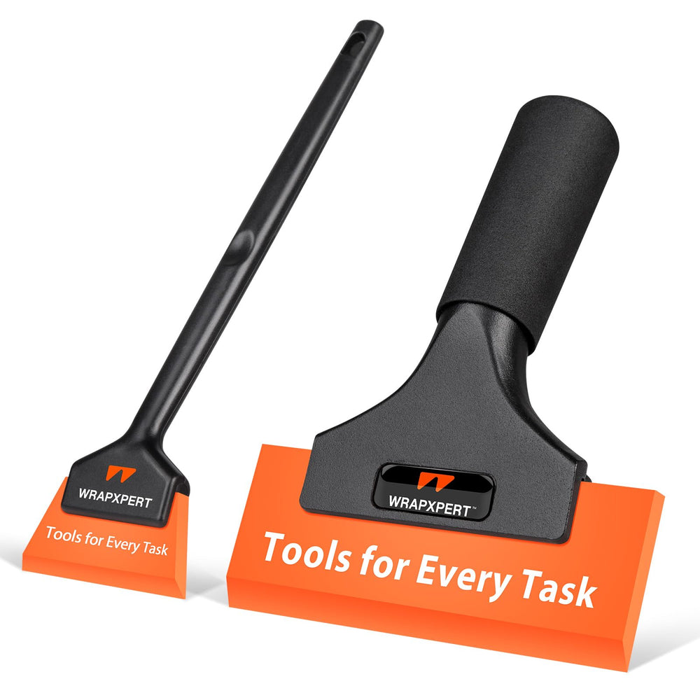 WRAPXPERT front view of the two-piece squeegee kit showing both tools and benefits