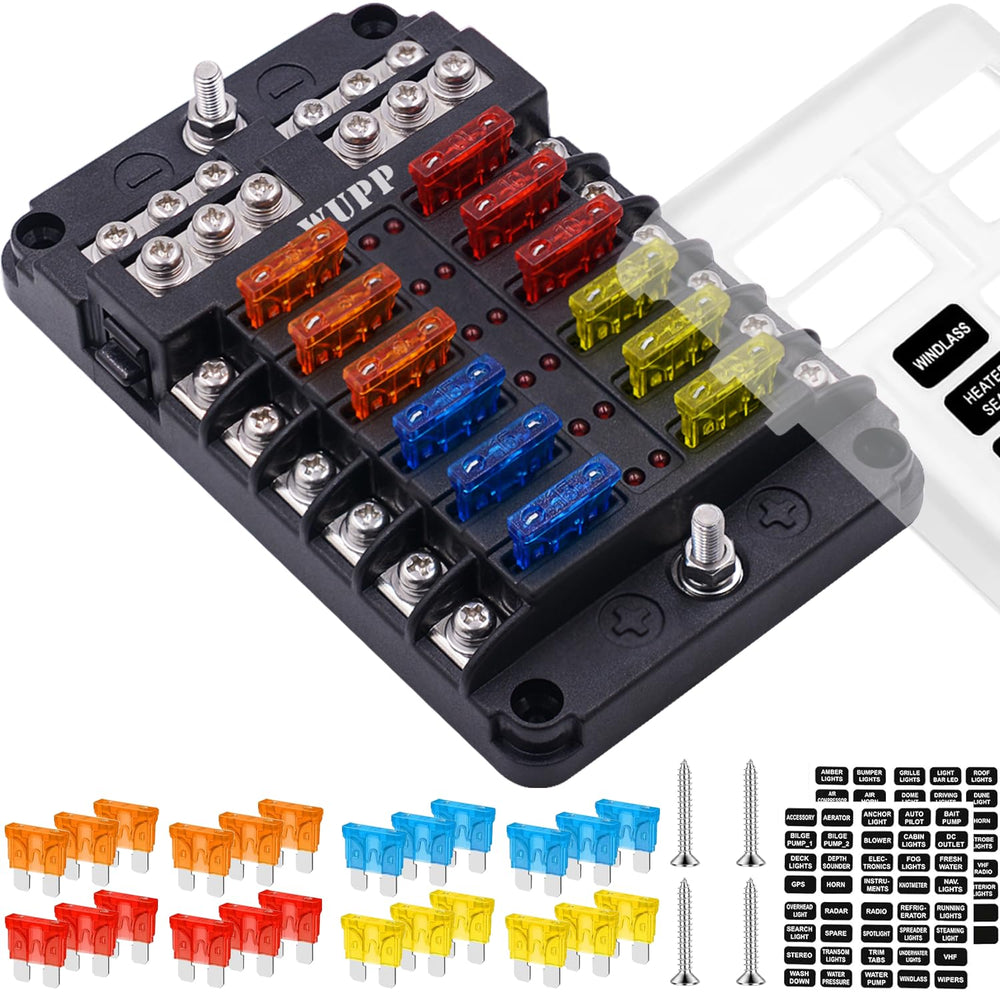 WUPP fuse block front panel showing twelve fuse slots and LED indicators for quick diagnostics