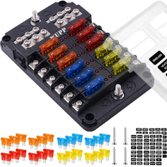 WUPP fuse block front panel showing twelve fuse slots and LED indicators for quick diagnostics