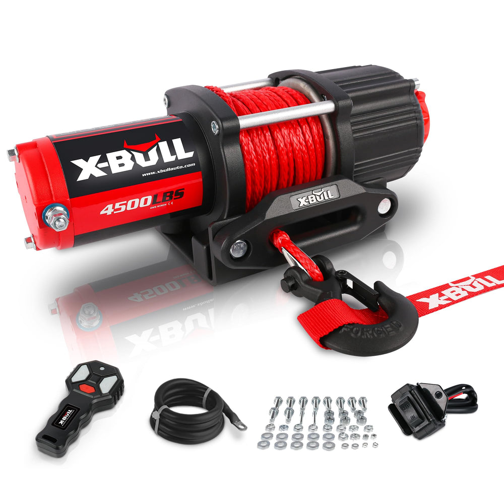 X-BULL front-mounted winch on UTV showing compact durable design and reliable pulling
