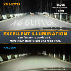 XG Glitter beam pattern on dark road demonstrating wider illuminated area and clarity