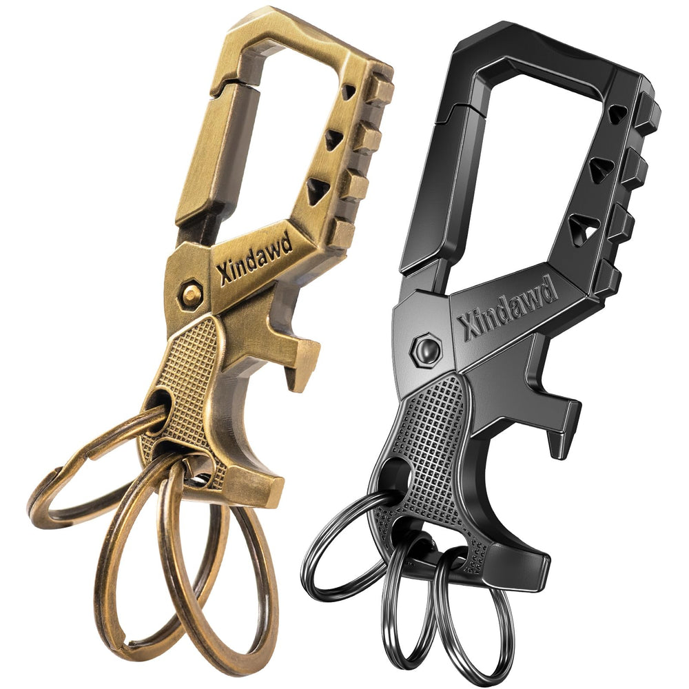 Xindawd front view showing carabiner and three key rings, durable everyday carry benefit