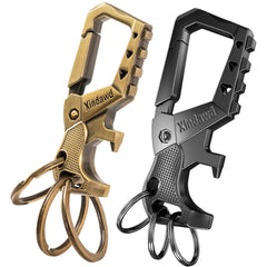 Xindawd front view showing carabiner and three key rings, durable everyday carry benefit