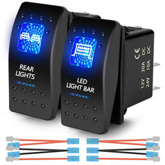 Xislet front view of two blue LED rocker switches showing neat OEM appearance and quick install benefit