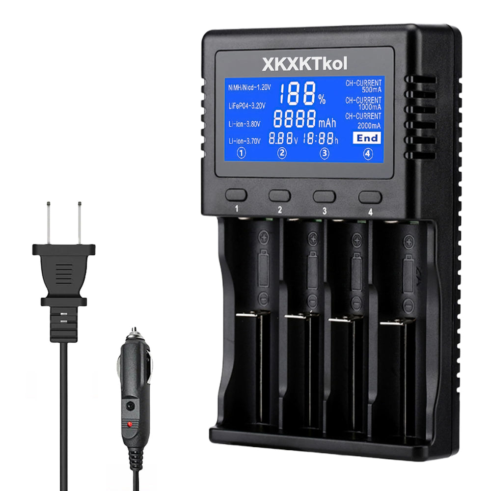 Generic front view of the 4-bay charger showing ports and LCD, quick identification benefit