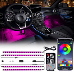 Xprite front view of four under-dash LED strips showing bright color options and mood boost