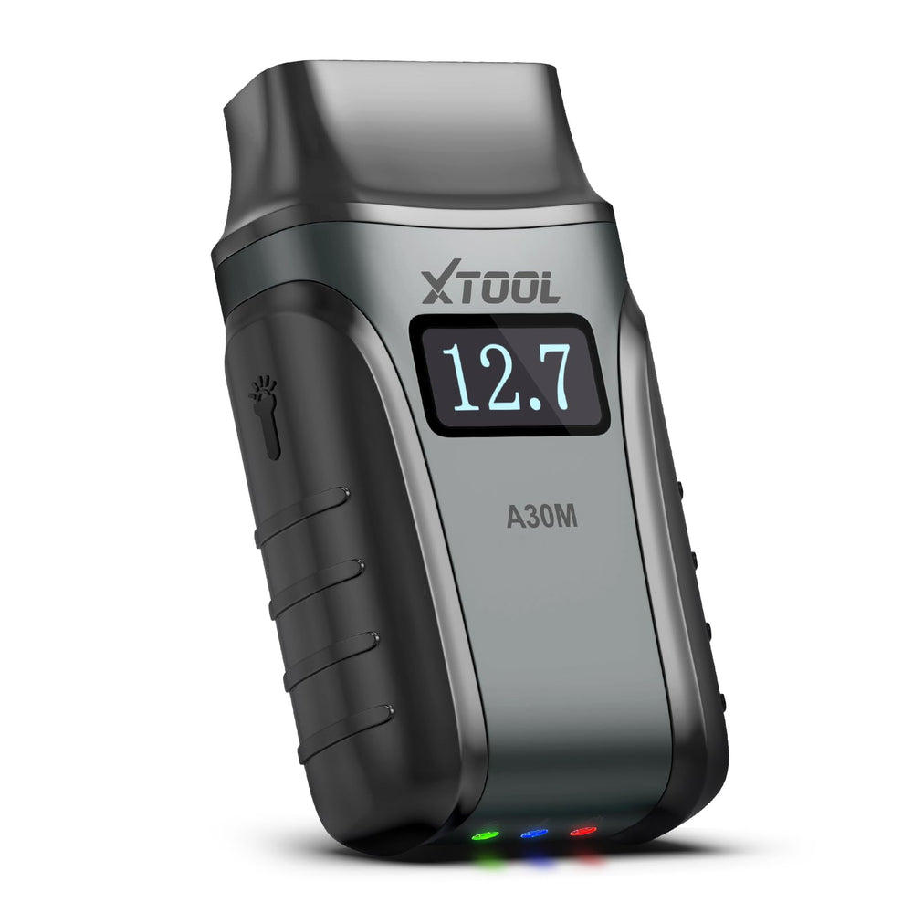 XTOOL A30M front view showing compact Bluetooth OBD2 design and portability