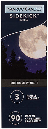 Yankee Candle front packaging showing three MidSummer's Night refills and benefit of long-lasting scent