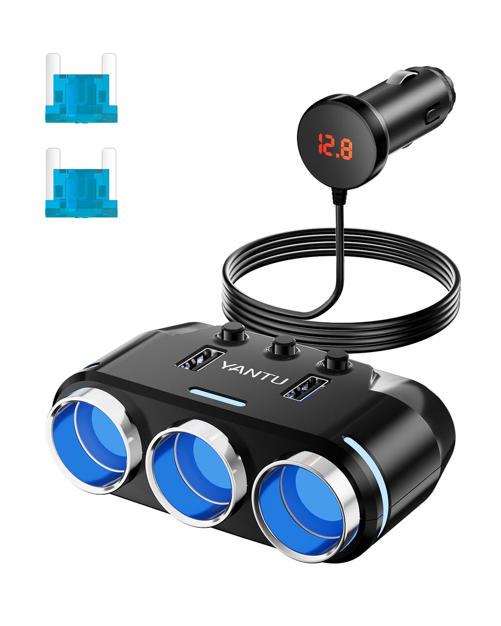 YANTU front view showing three sockets and blue LEDs for easy device access