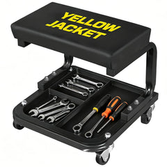 YELLOW JACKET front view of mechanic rolling stool showing stable frame and seat, for workshop efficiency