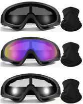 YISUGOOC front view showing three goggles and three gaiters, clear organization and ready-to-use