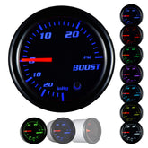 YONEDA front view of 55mm black dial boost gauge showing clear needle and tinted face for quick readings