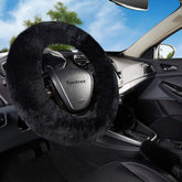 Yontree steering wheel cover front view showing plush black sheepskin and fit benefit