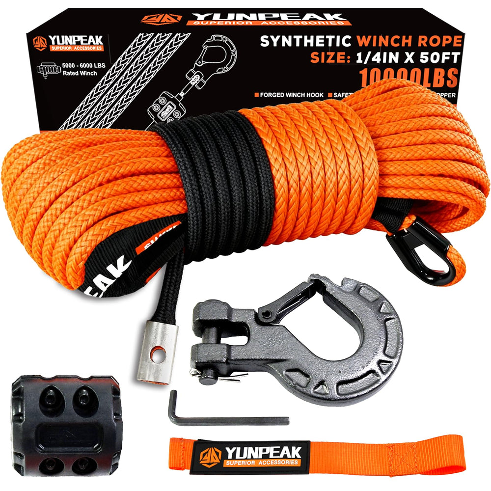 YUNPEAK front view of winch rope kit showing packaged components and benefits