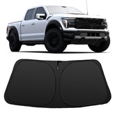YYCKE front view of folded sun shade showing fit and branding, protects interior from heat