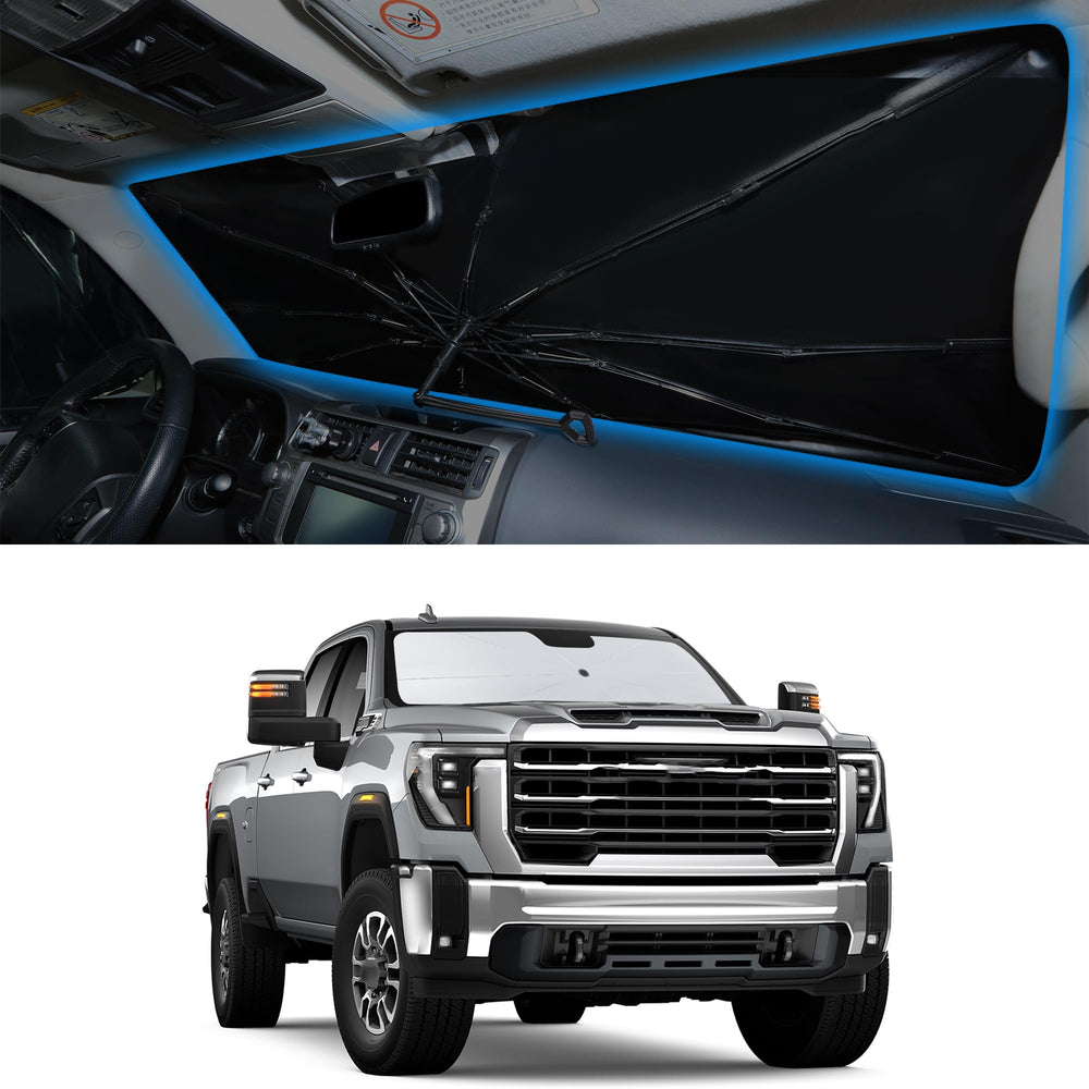 YYCKE front view of sun shade fitted to GMC Sierra windshield, blocks heat
