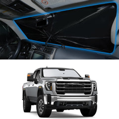 YYCKE front view of sun shade fitted to GMC Sierra windshield, blocks heat