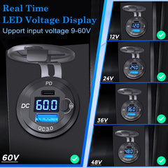 zhaobeimao blue LED voltmeter close-up showing vehicle voltage at a glance