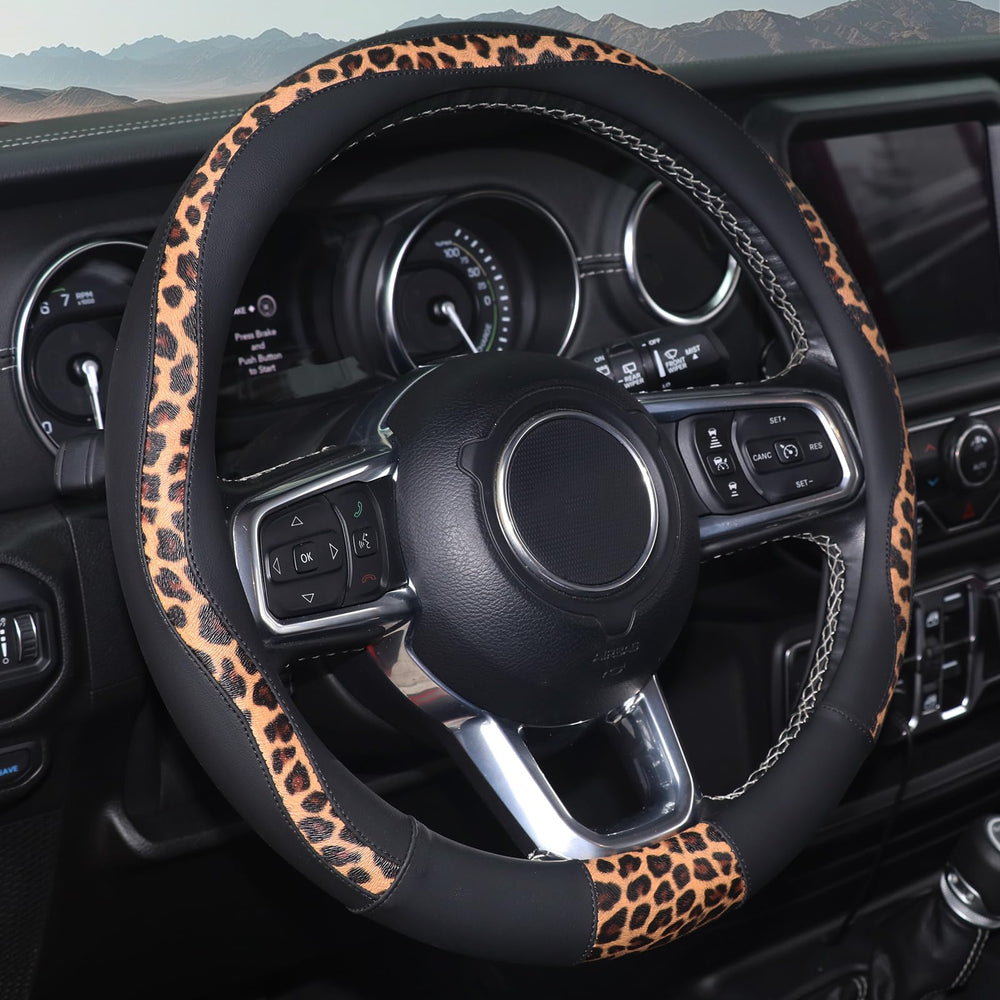 ZHOL leopard steering wheel cover front view shows stylish pattern and protection