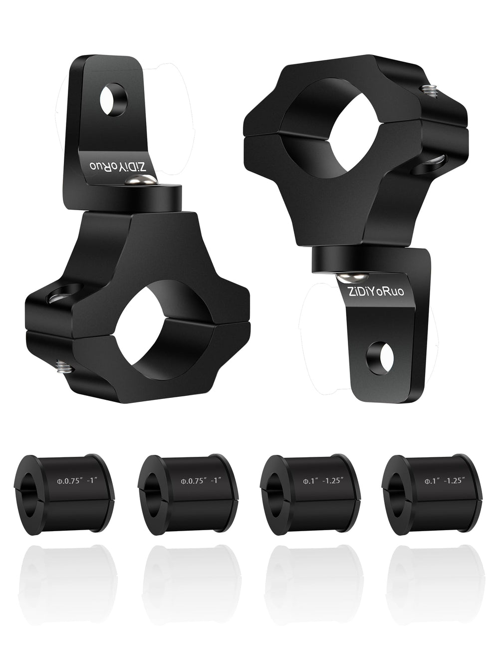 ZIDIYORUO front view of two black aluminum brackets showing included hardware and box for quick install benefit