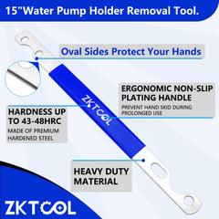 ZKTOOL long-handle holder in use on engine bay demonstrating one-person fan clutch removal