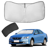ZOIBV front-fit sun shade on windshield showing precise Camry fit and cooling benefit