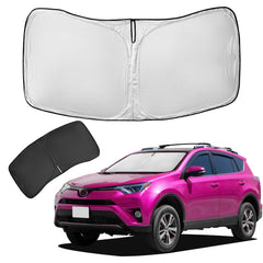 ZOIBV sun shade front view covering RAV4 windshield, protects interior