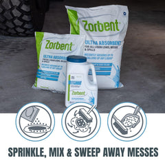 Zorbent soaking up garage grease on concrete demonstrating strong oil absorption