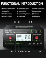 Zustov LCD display close-up showing voltage and current for accurate monitoring