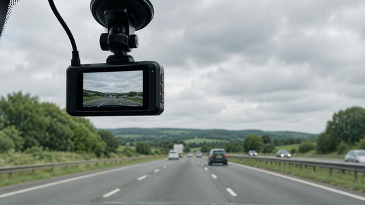 Dash cam mounted behind a car windscreen on a British motorway
