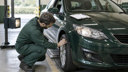 Mechanic checking a hatchback in a UK MOT test bay
