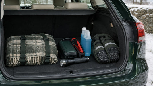Boot of a car with an organised winter emergency kit