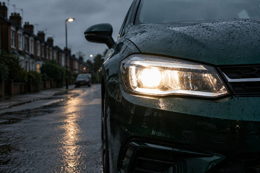 Close-up of a car's headlight glowing on a damp UK street at dusk