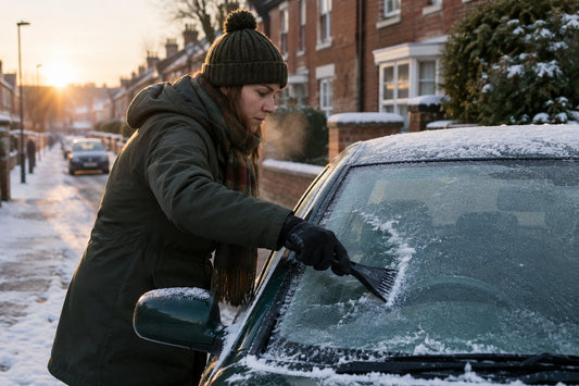 Driver using a plastic ice scraper to clear frost from a car windscreen on a frosty UK residential street in the early morning