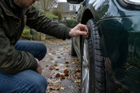 Person measuring car tyre tread depth with a tread depth gauge on a wet driveway in autumn
