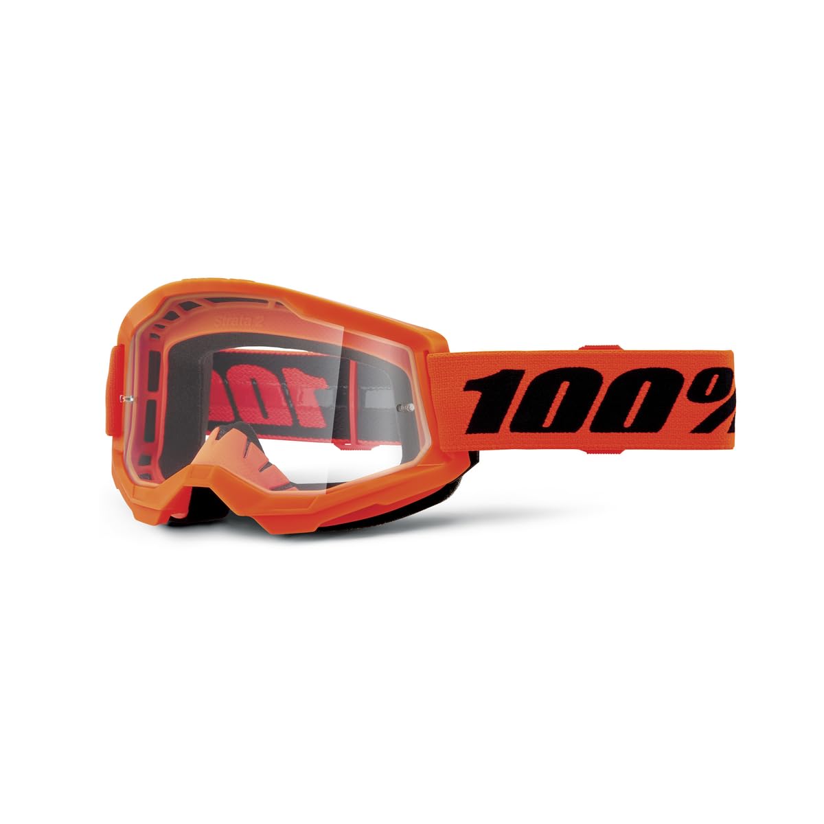 100% Strata 2 neon orange front view showing clear lens and wide field of vision benefit