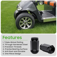 10L0L lug nuts installed on an EZGO wheel demonstrating secure clamping