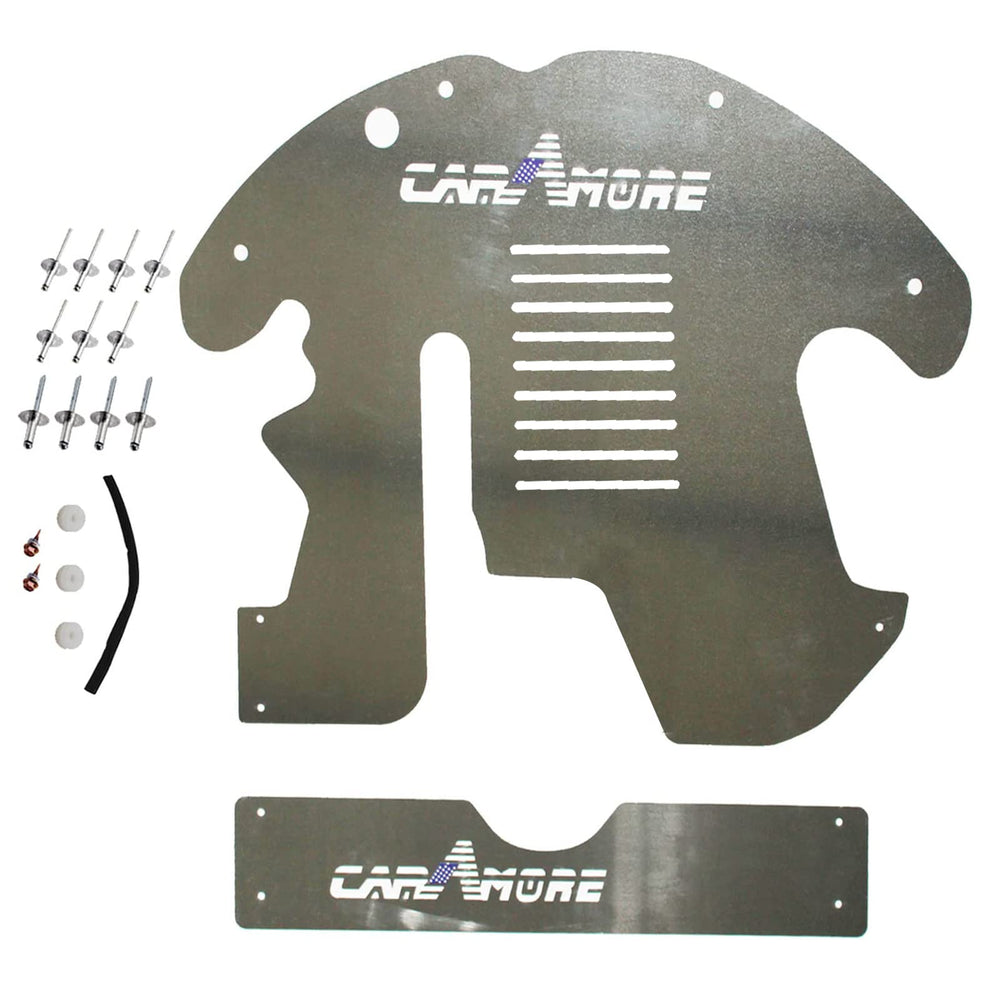 1409KMT front view of aluminum catalytic converter shield showing solid protection benefits