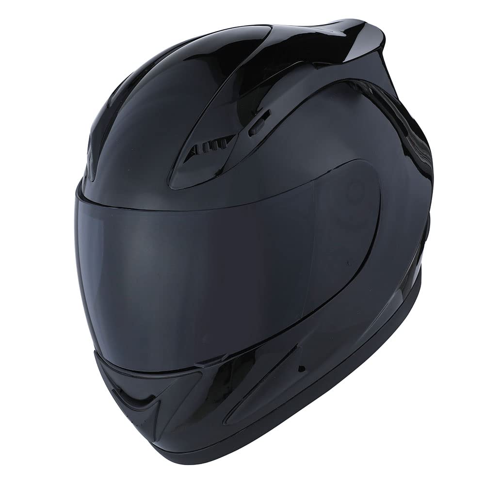 1Storm full-face helmet front view showing glossy black finish and smoked shield benefit: reduced glare