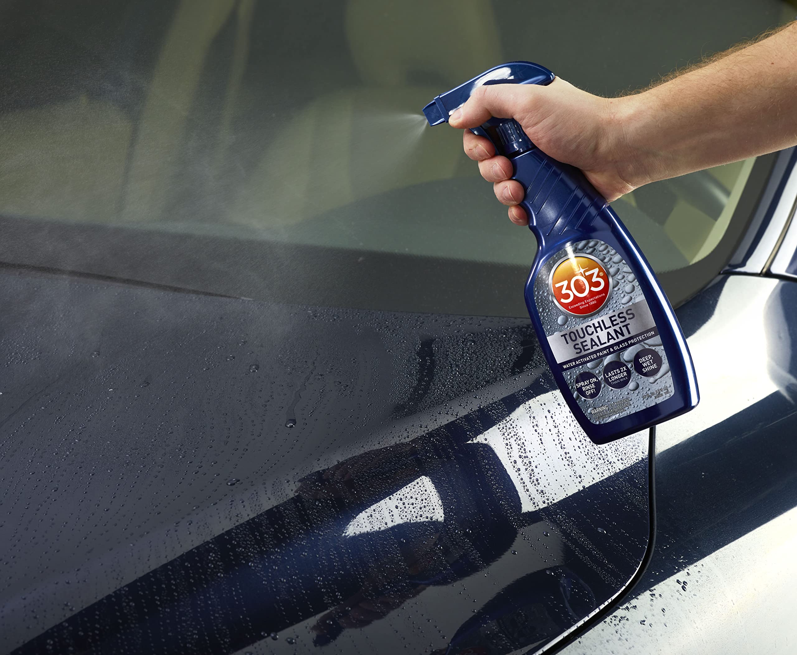 303 Products applied to windshield showing clearer, bead-resistant glass
