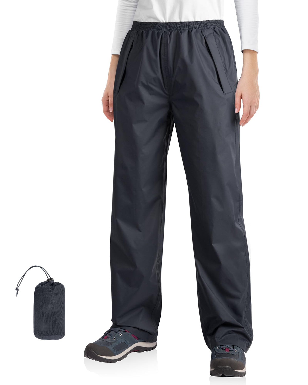 33,000ft front view of rain pants showing fit and coverage benefit