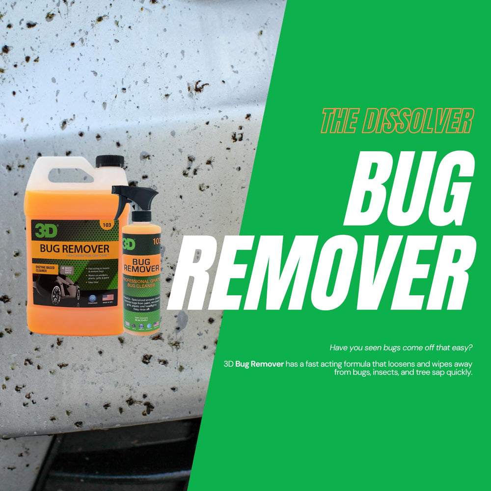3D Bug Remover showing before and after on car paint, restores gloss quickly
