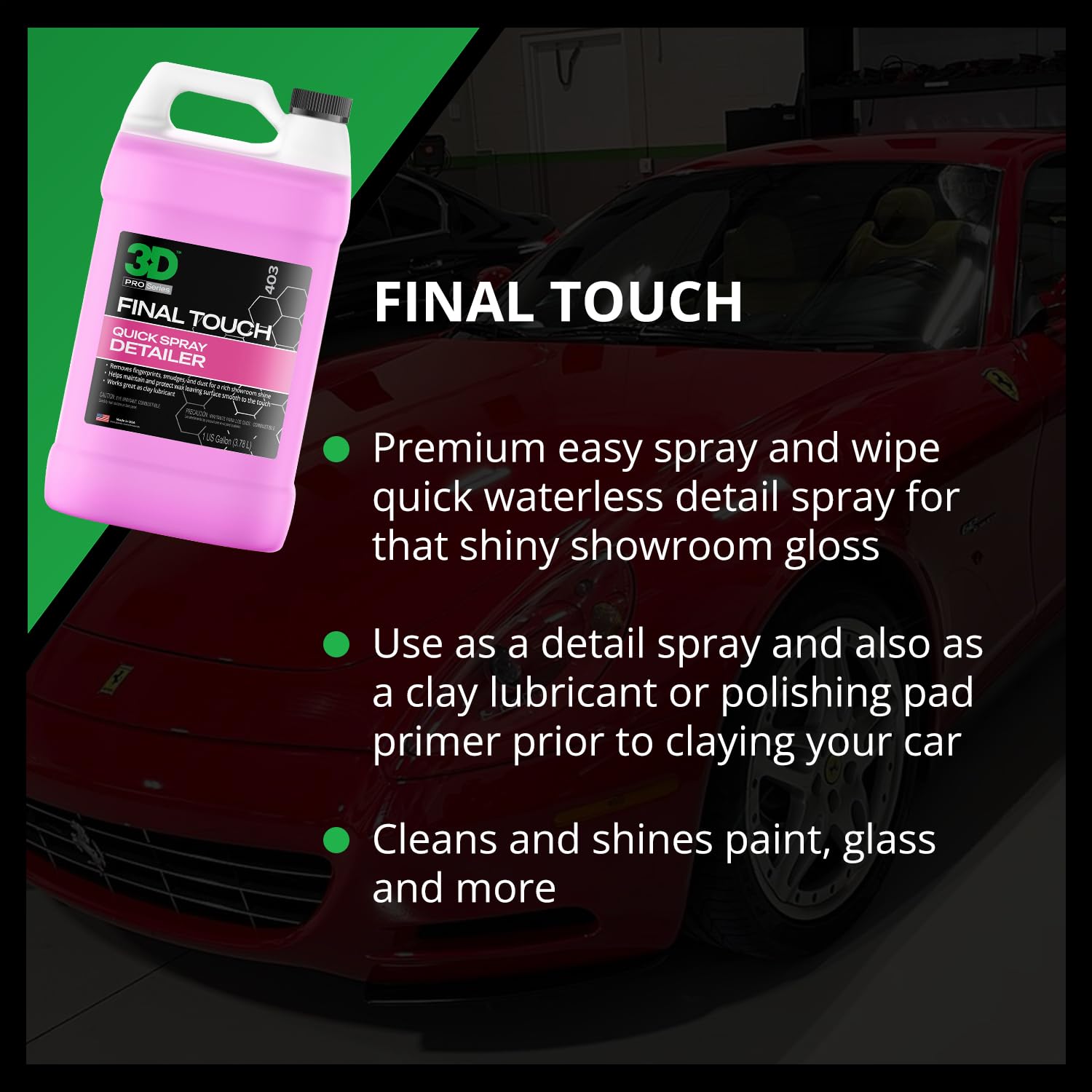 3D Final Touch gallon next to spray bottle showing value and refill convenience