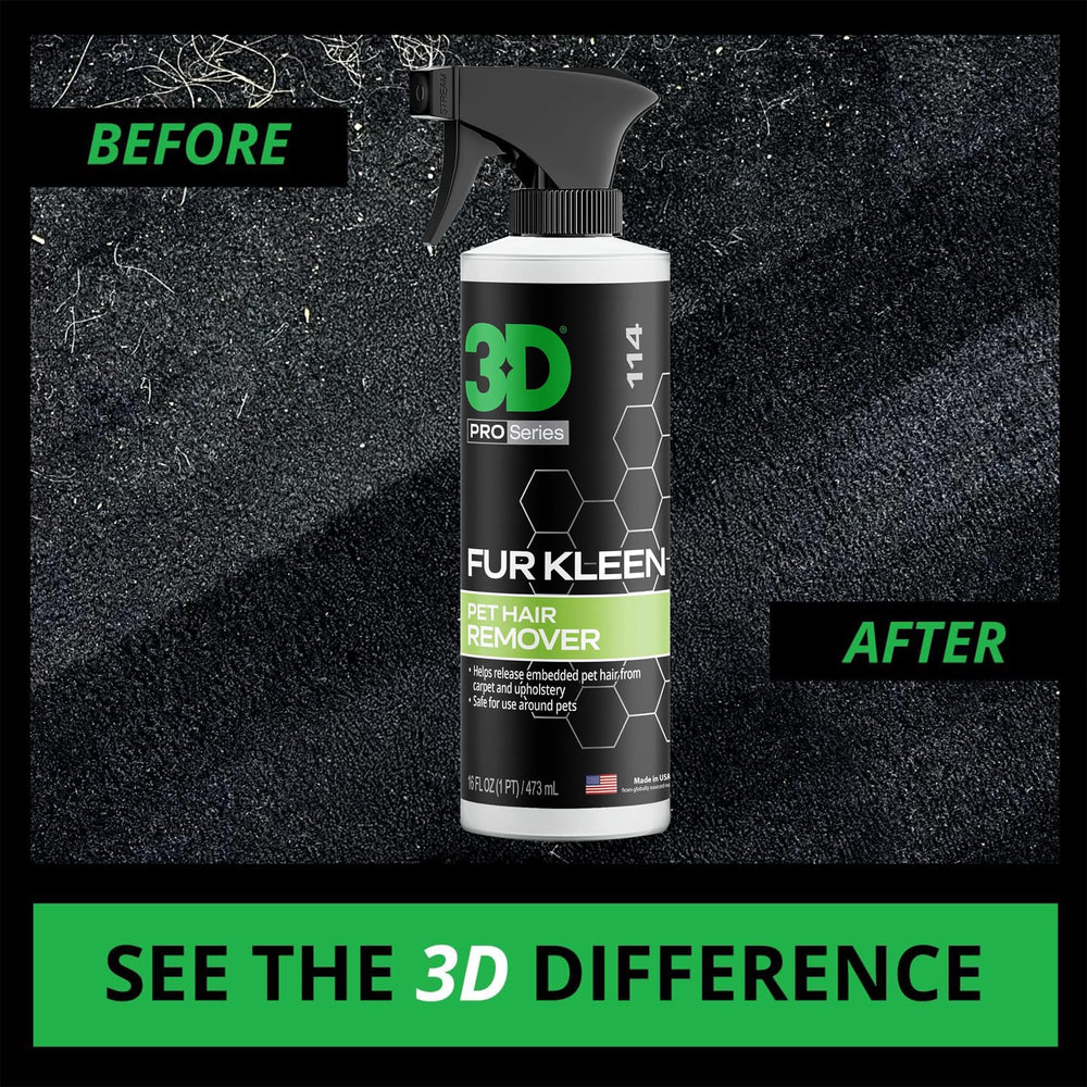 3D Fur Kleen being sprayed on car seat to loosen pet hair for faster cleaning