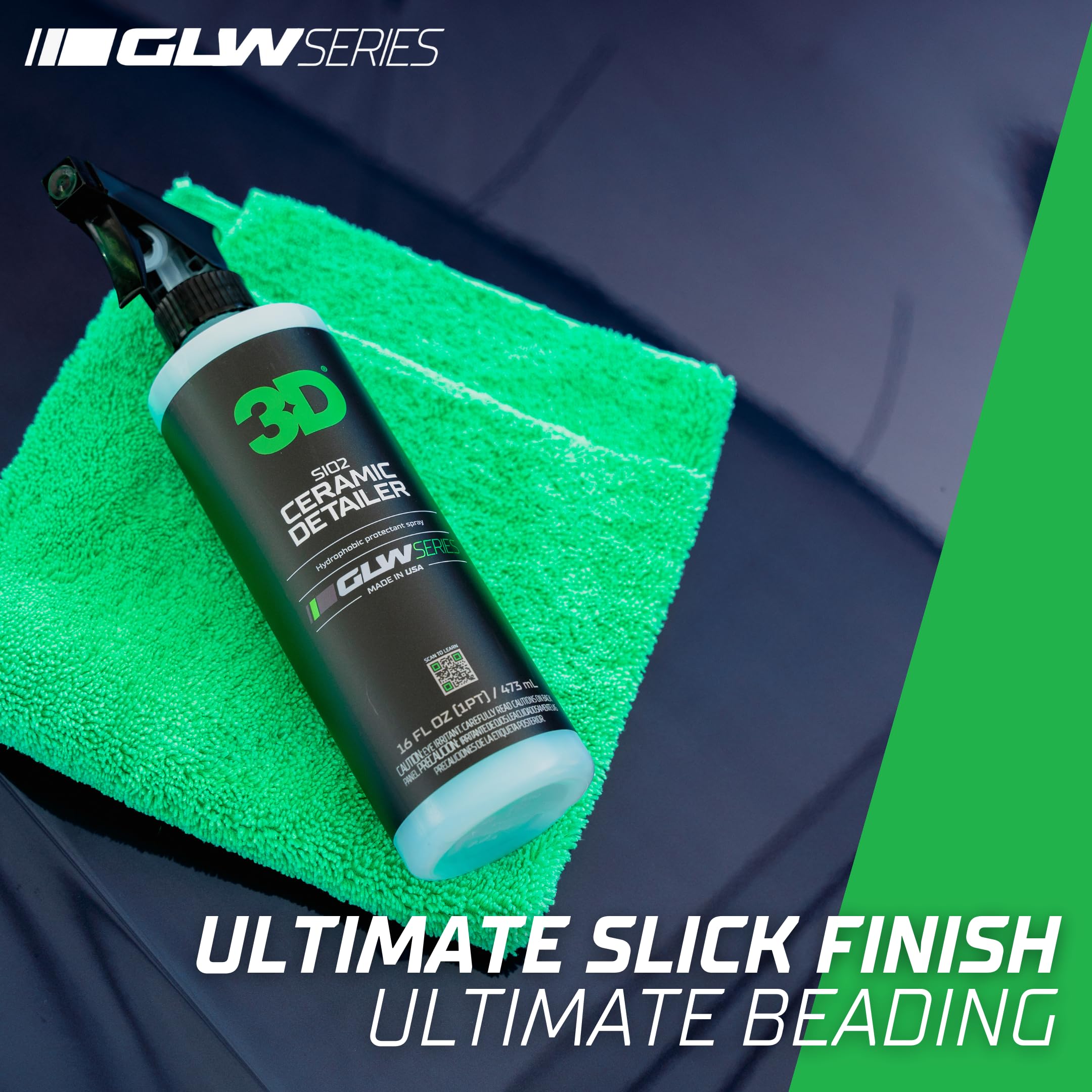 3D GLW bottle near a glossy car in showroom setting emphasizing hyper gloss