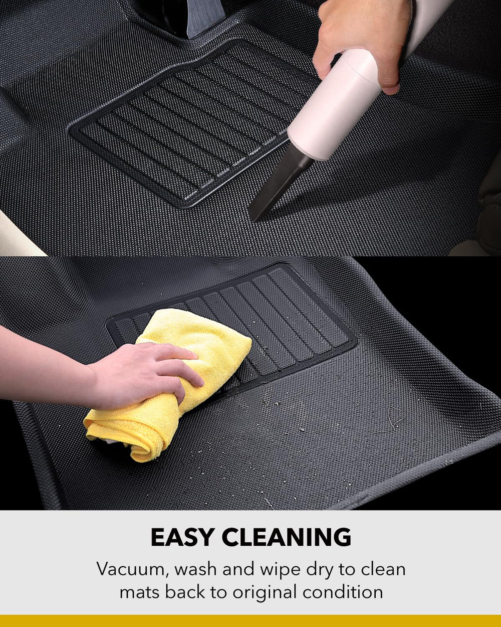 3D MAXpider mats with muddy boots illustrating durable, all-weather cleanup ease