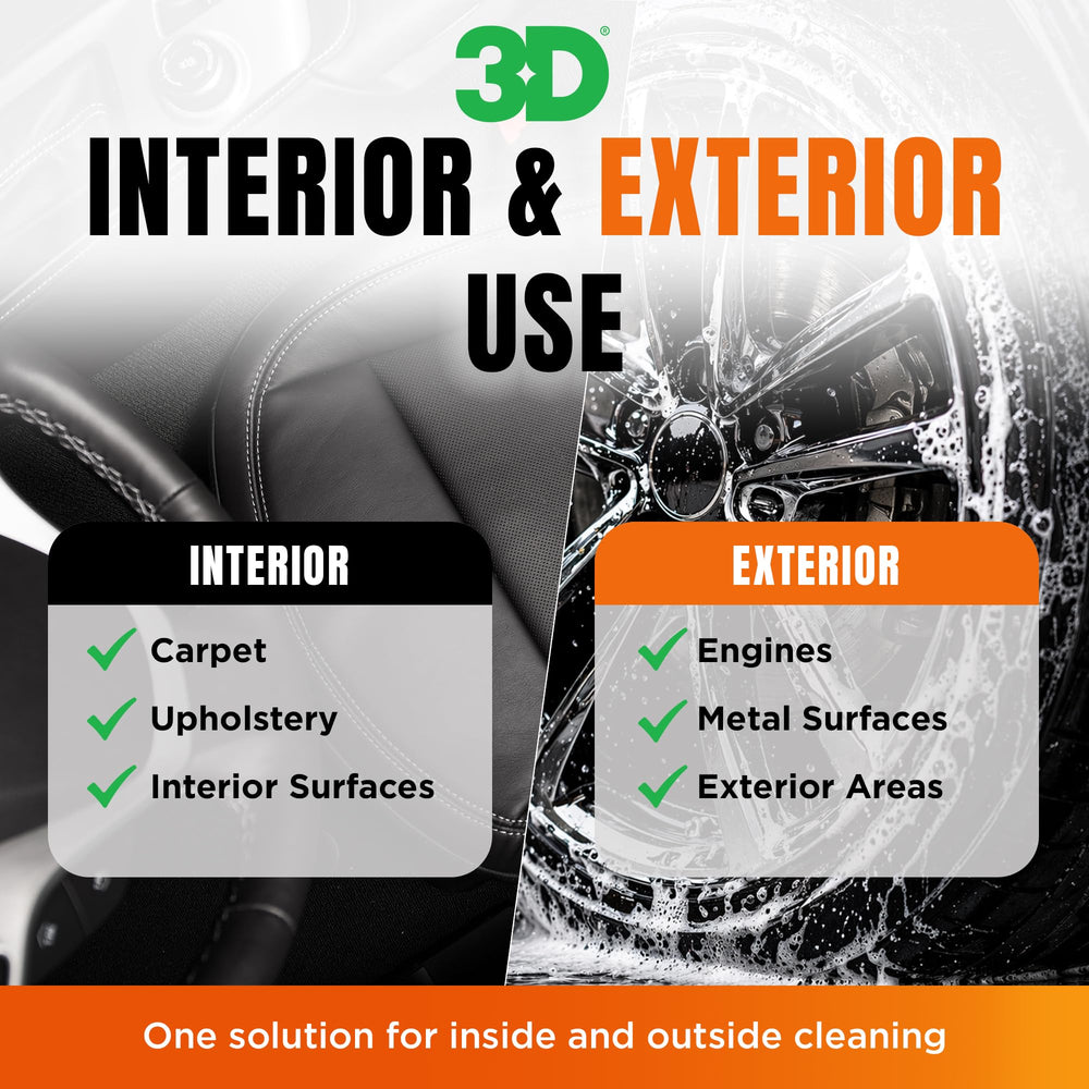 3D orange degreaser cleaning engine bay showing powerful grease removal on metal