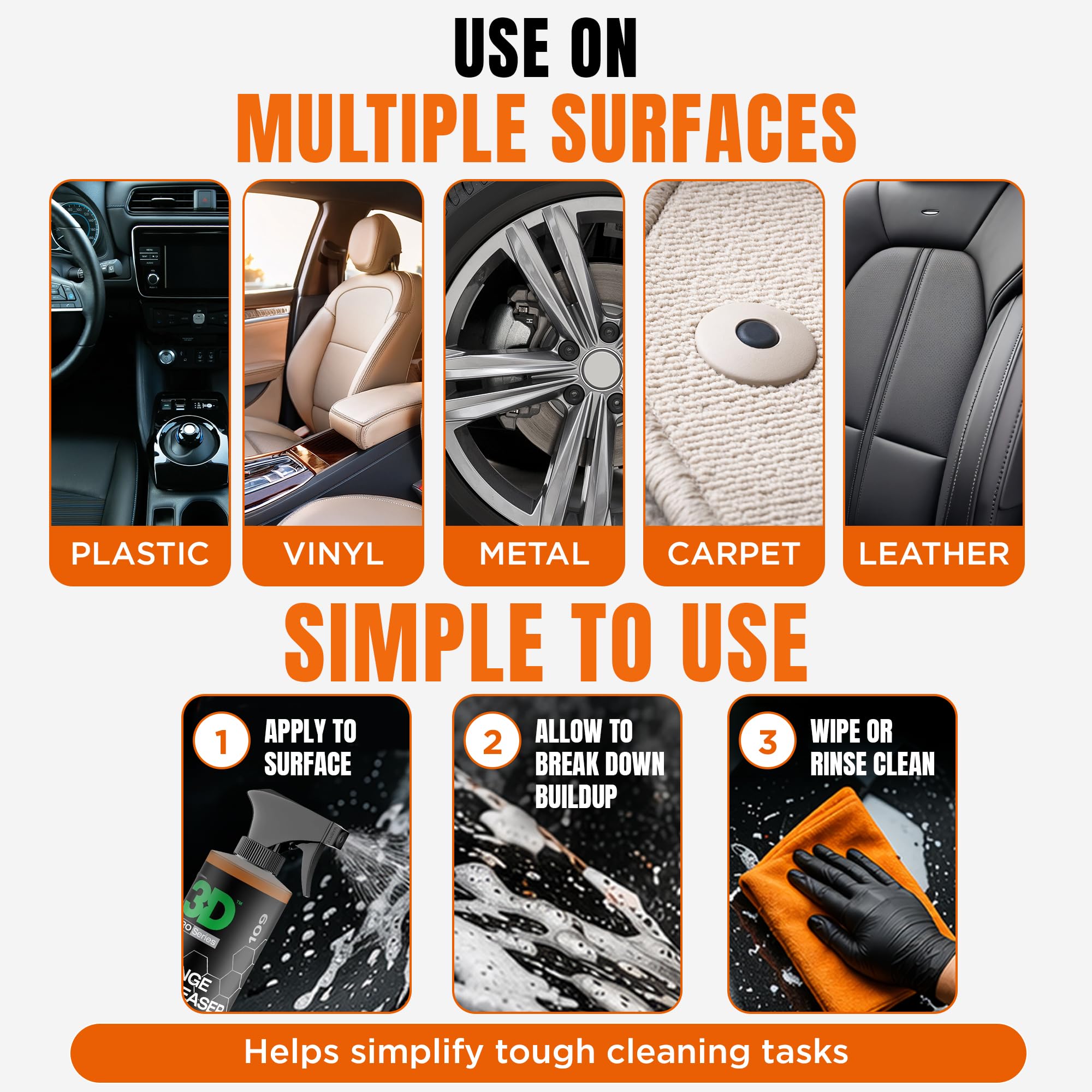 3D orange degreaser lifting adhesive residue from trim demonstrating residue-free removal